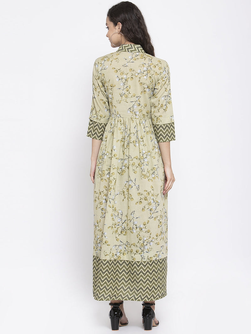 Indibelle Cotton Pista Green Floral Print A-Line Dress