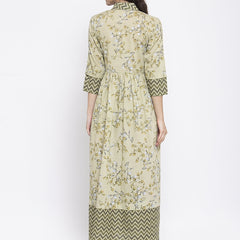 Indibelle Cotton Pista Green Floral Print A-Line Dress