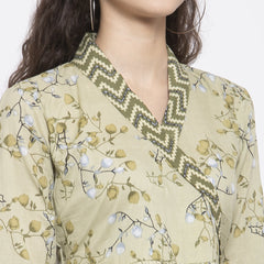 Indibelle Cotton Pista Green Floral Print A-Line Dress