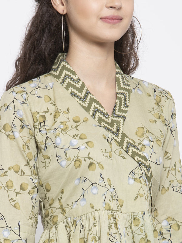 Indibelle Cotton Pista Green Floral Print A-Line Dress