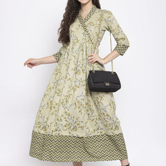 Indibelle Cotton Pista Green Floral Print A-Line Dress