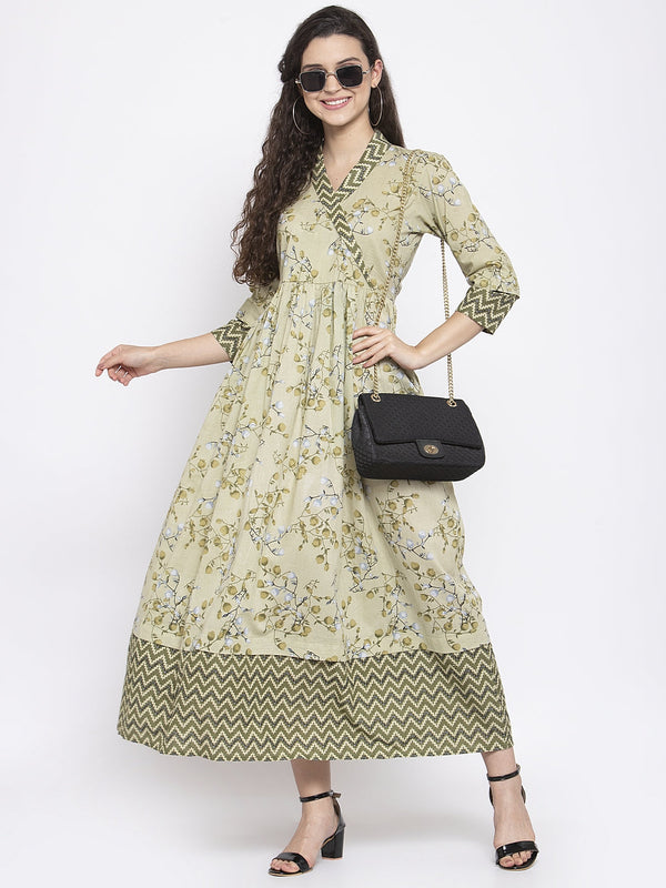 Indibelle Cotton Pista Green Floral Print A-Line Dress