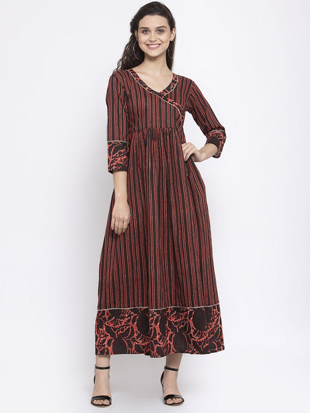 Indibelle Cotton Coffee Brown Striped Print A-Line Kurta