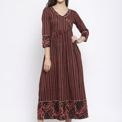 Indibelle Cotton Coffee Brown Striped Print A-Line Dress 