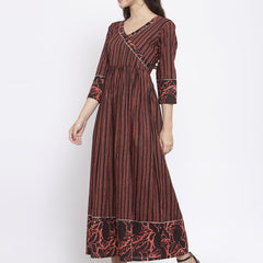 Indibelle Cotton Coffee Brown Striped Print A-Line Dress 