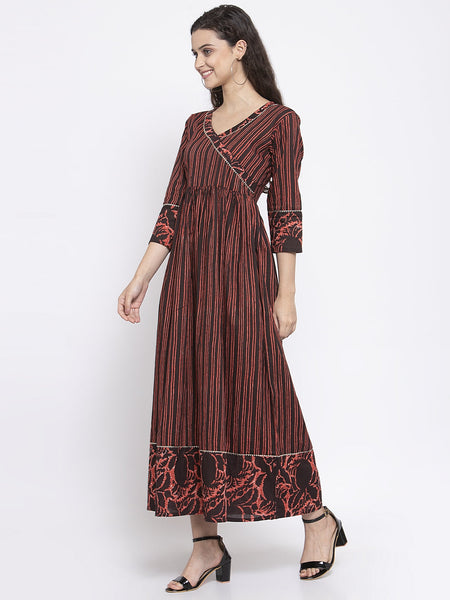 Indibelle Cotton Coffee Brown Striped Print A-Line Kurta