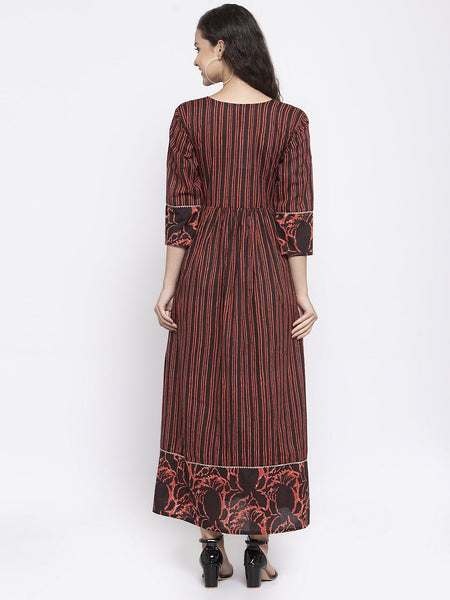 Indibelle Cotton Coffee Brown Striped Print A-Line Kurta