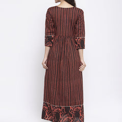 Indibelle Cotton Coffee Brown Striped Print A-Line Dress 