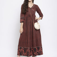 Indibelle Cotton Coffee Brown Striped Print A-Line Dress 