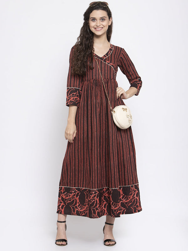 Indibelle Cotton Coffee Brown Striped Print A-Line Dress 