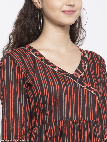 Indibelle Cotton Coffee Brown Striped Print A-Line Kurta