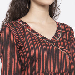 Indibelle Cotton Coffee Brown Striped Print A-Line Dress 