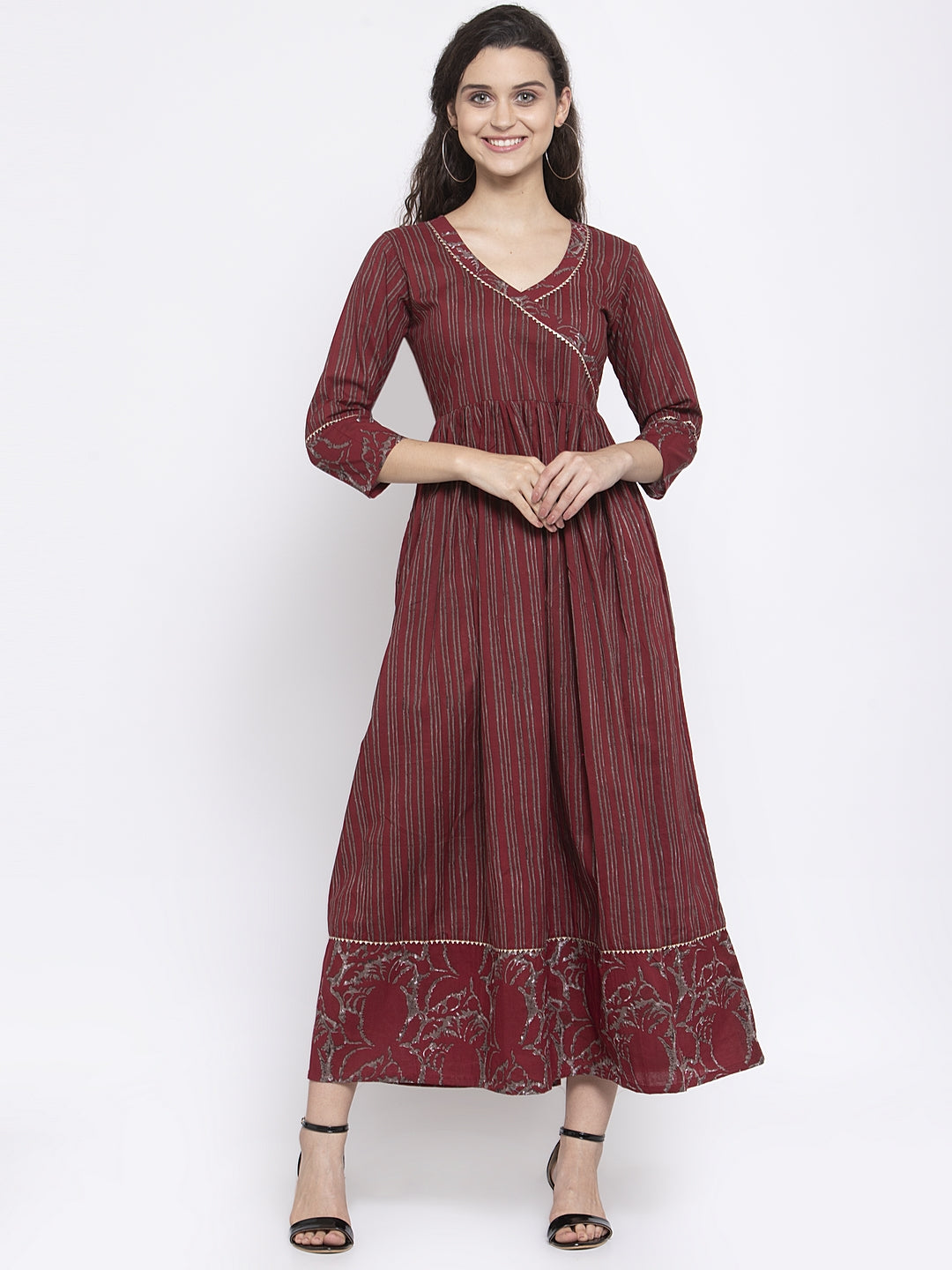 Indibelle Cotton Wine Striped Print A-Line Kurta