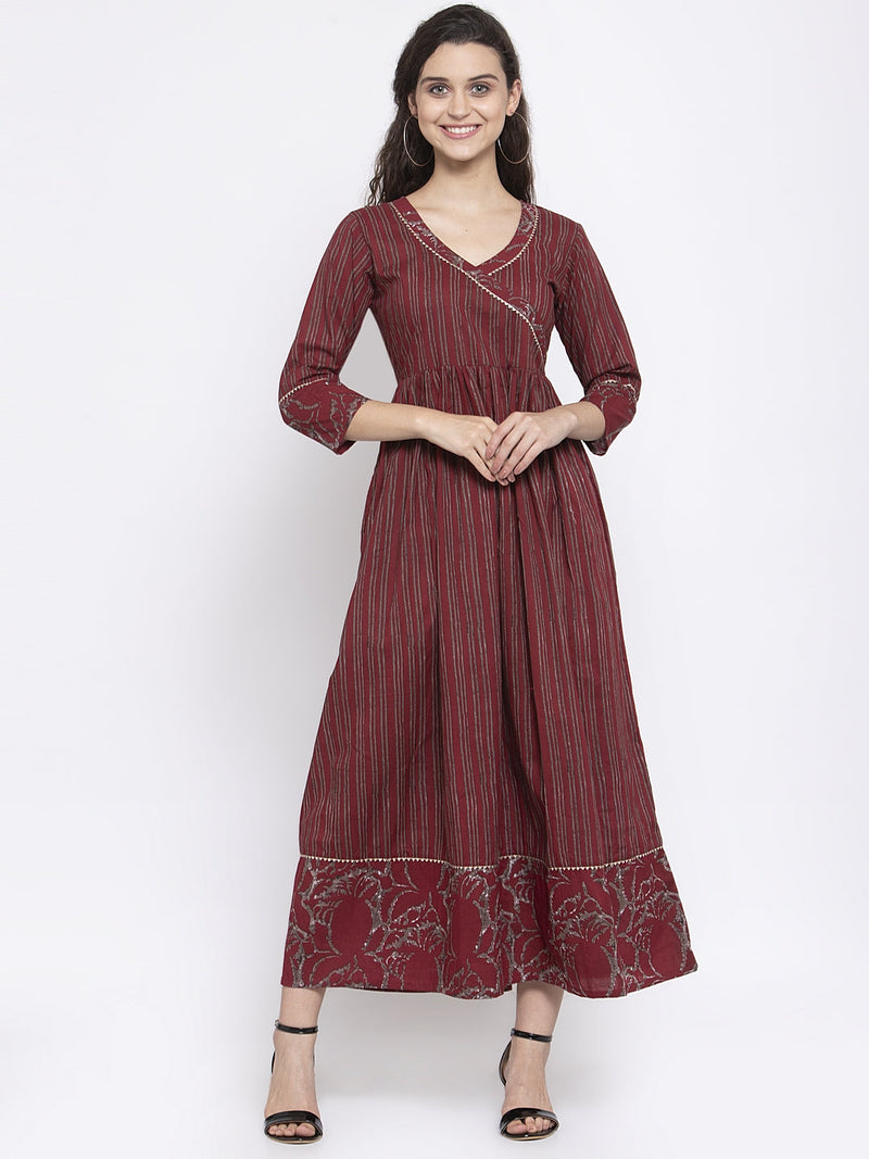 Indibelle Cotton Wine Striped Print A-Line Dress 