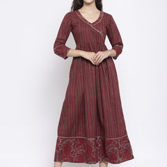 Indibelle Cotton Wine Striped Print A-Line Dress 