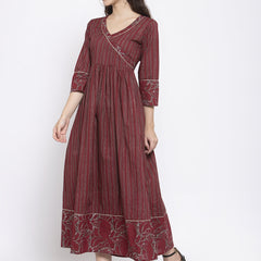 Indibelle Cotton Wine Striped Print A-Line Dress 