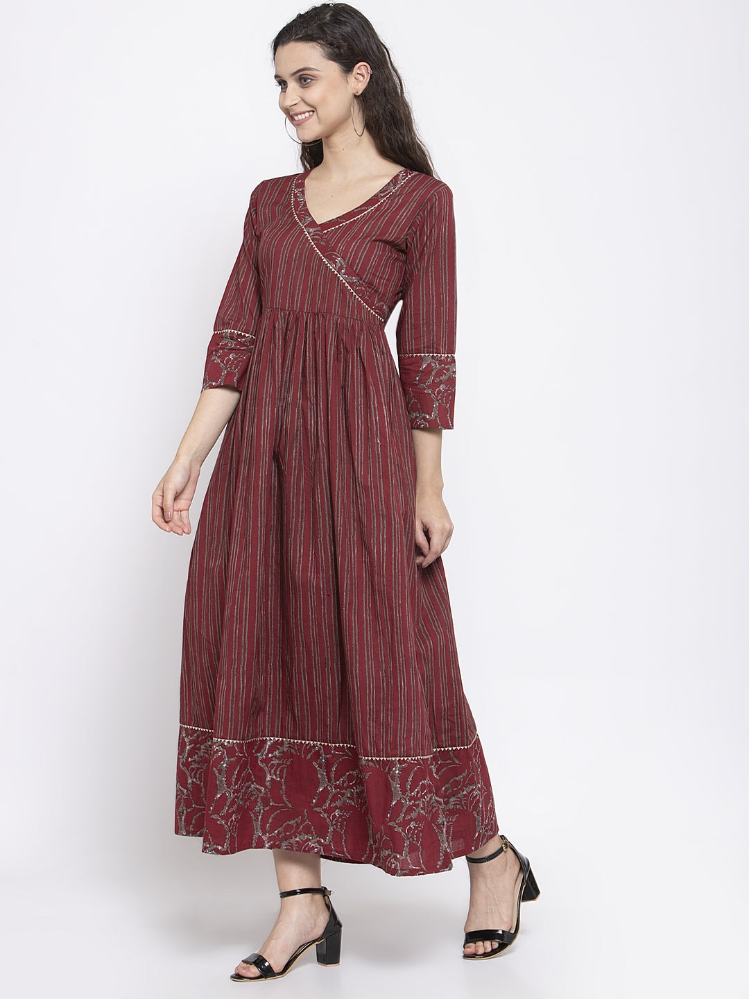 Indibelle Cotton Wine Striped Print A-Line Kurta