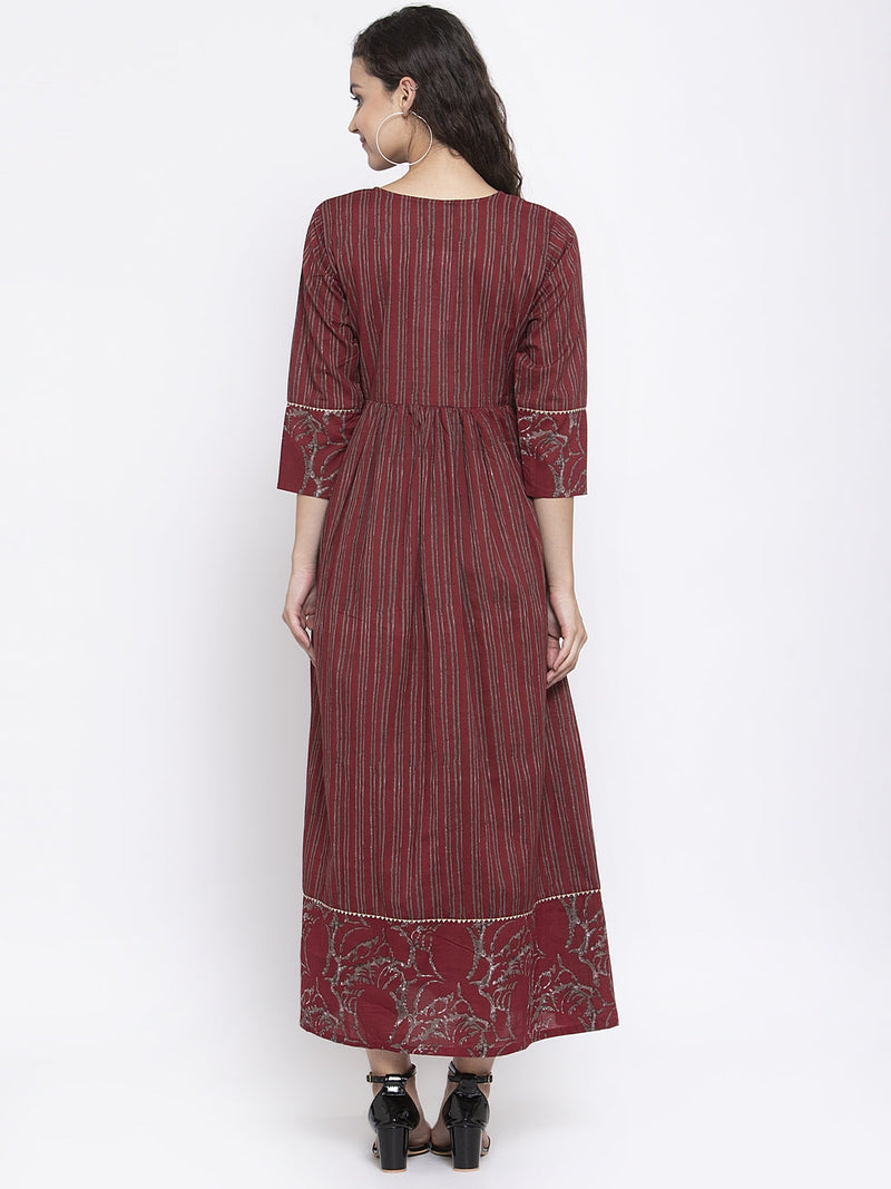 Indibelle Cotton Wine Striped Print A-Line Dress 