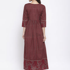 Indibelle Cotton Wine Striped Print A-Line Dress 