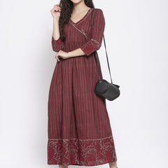 Indibelle Cotton Wine Striped Print A-Line Dress 
