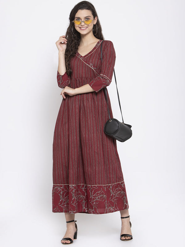 Indibelle Cotton Wine Striped Print A-Line Dress 