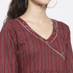 Indibelle Cotton Wine Striped Print A-Line Kurta