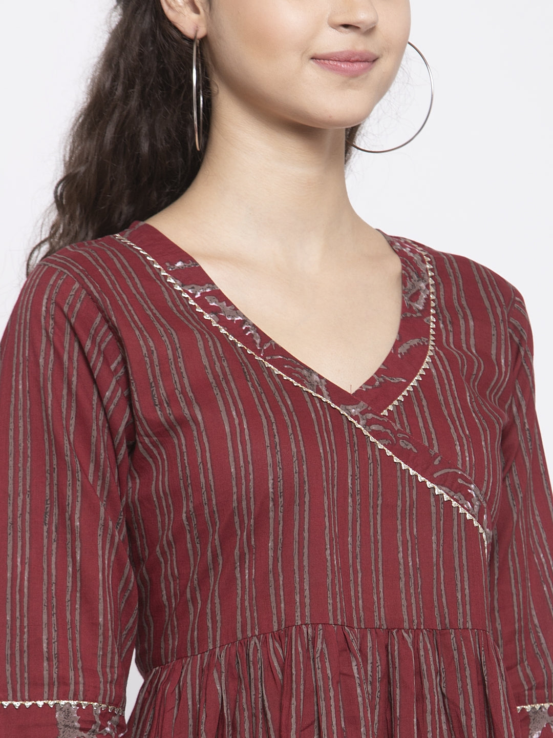 Indibelle Cotton Wine Striped Print A-Line Kurta