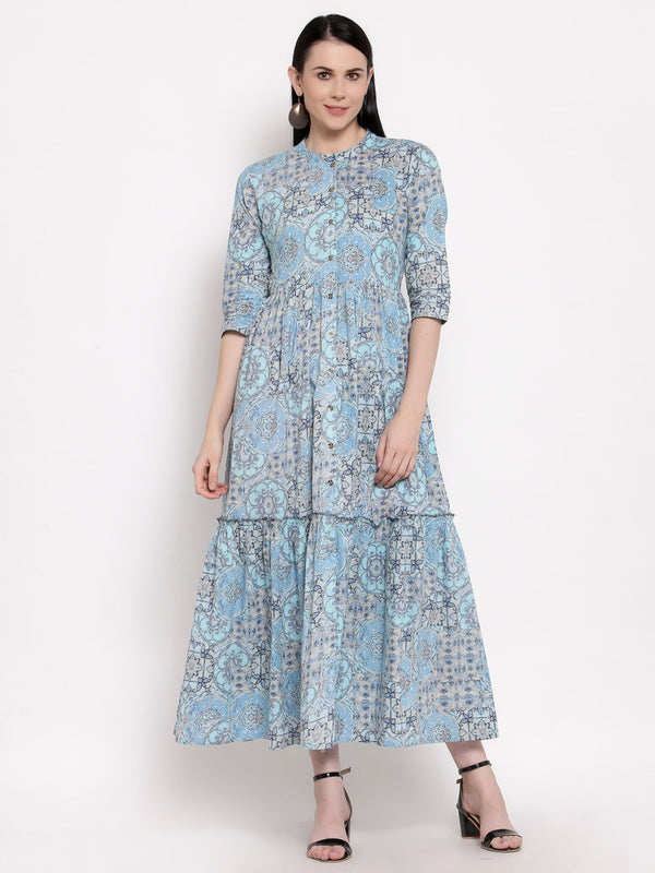 Indibelle Cotton Blue Floral Print A-Line Dress