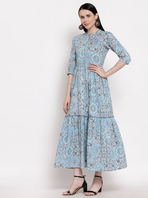Indibelle Cotton Blue Floral Print A-Line Dress