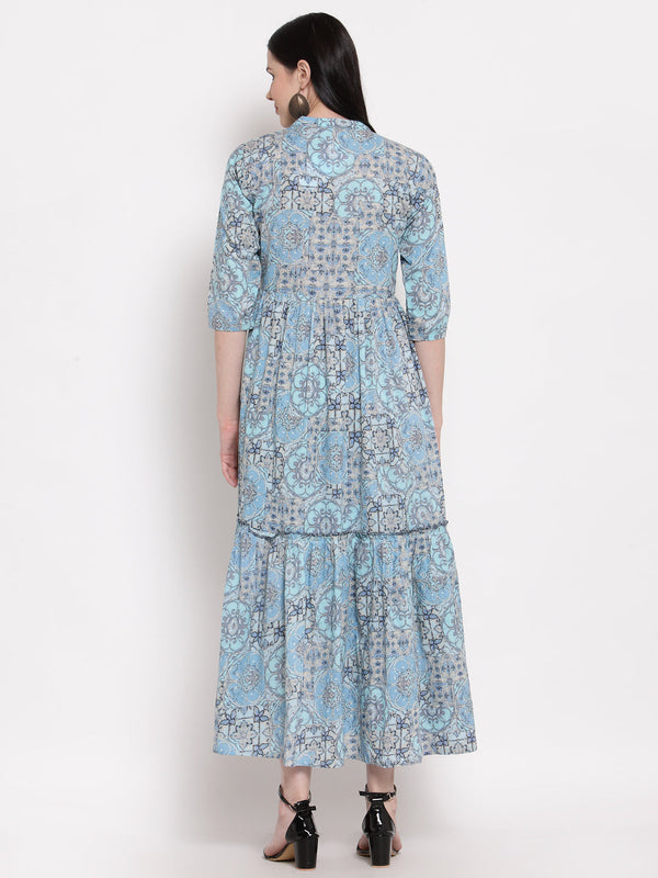 Indibelle Cotton Blue Floral Print A-Line Dress