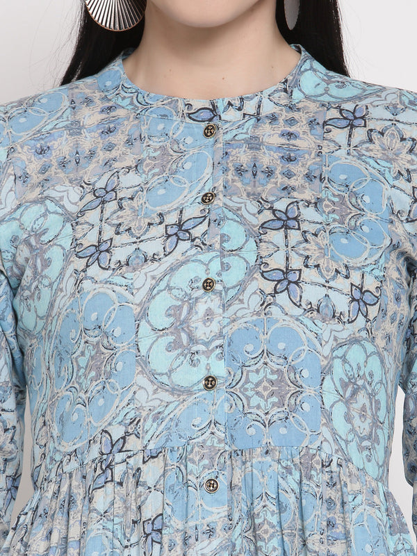 Indibelle Cotton Blue Floral Print A-Line Dress