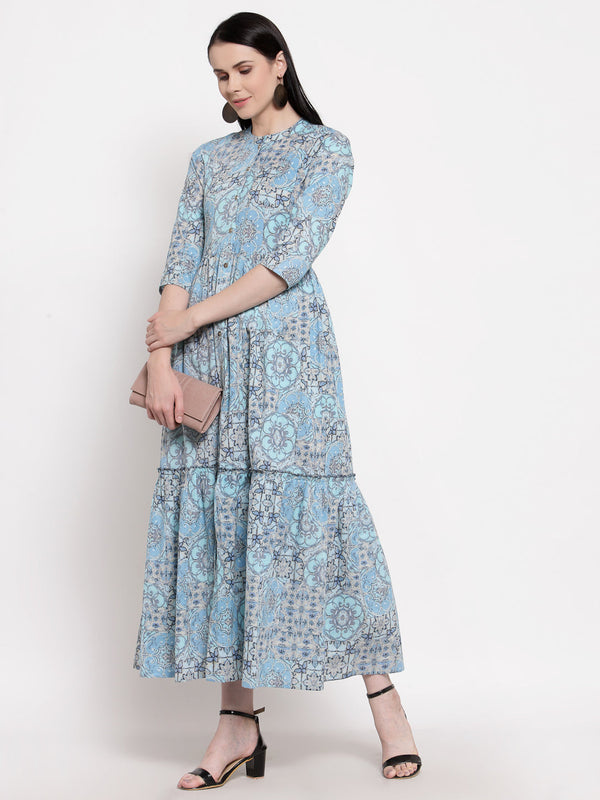 Indibelle Cotton Blue Floral Print A-Line Dress