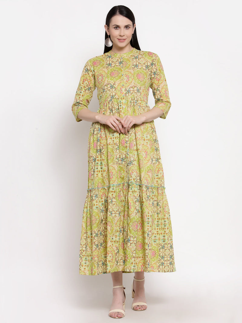 Indibelle Cotton Floral Print Fit and Flared Dress (Green)