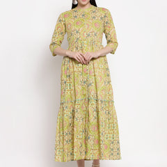 Indibelle Cotton Floral Print Fit and Flared Dress (Green)