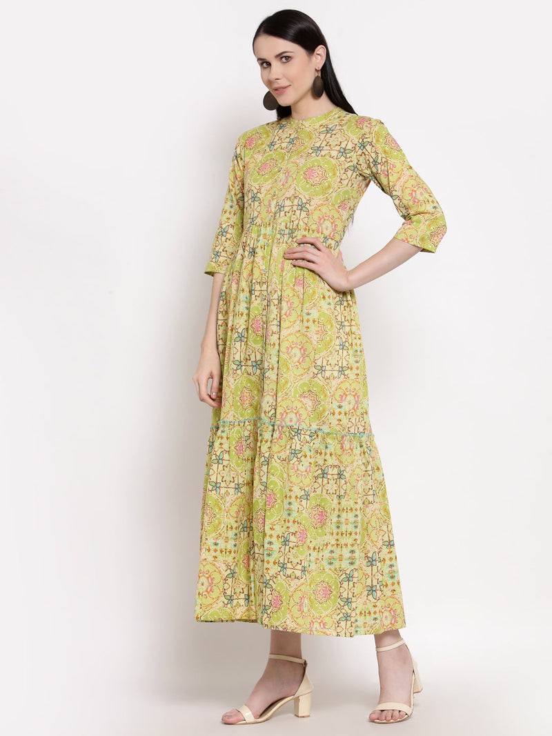 Indibelle Cotton Floral Print Fit and Flared Dress (Green)