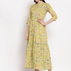 Indibelle Cotton Floral Print Fit and Flared Dress (Green)