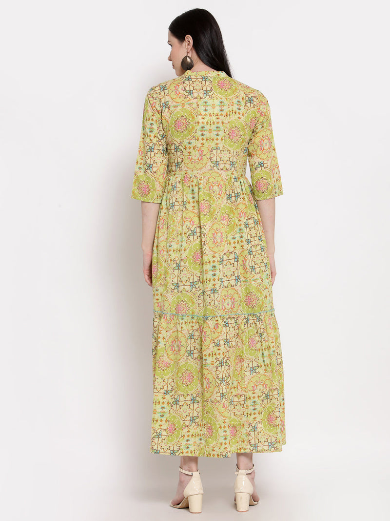 Indibelle Cotton Floral Print Fit and Flared Dress (Green)
