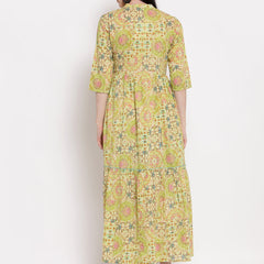 Indibelle Cotton Floral Print Fit and Flared Dress (Green)