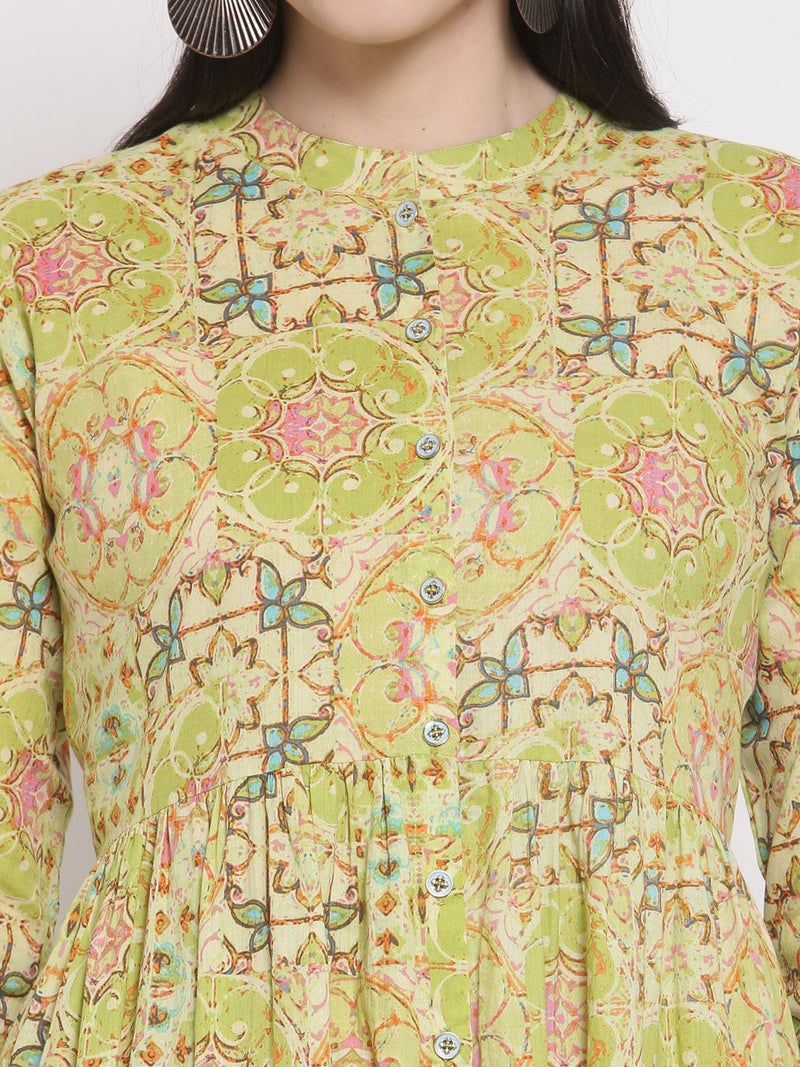 Indibelle Cotton Floral Print Fit and Flared Dress (Green)