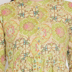 Indibelle Cotton Floral Print Fit and Flared Dress (Green)