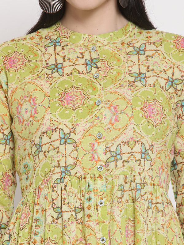 Indibelle Cotton Floral Print Fit and Flared Dress (Green)