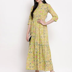 Indibelle Cotton Floral Print Fit and Flared Dress (Green)