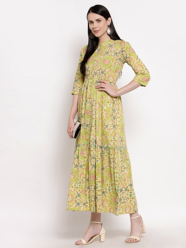 Indibelle Cotton Floral Print Fit and Flared Dress (Green)