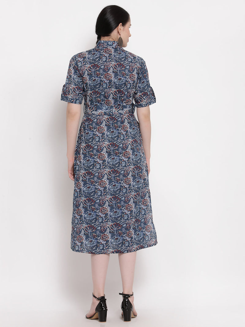 Indibelle Cotton Floral Print Shirt A-Line Dress (Blue)