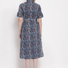 Indibelle Cotton Floral Print Shirt A-Line Dress (Blue)