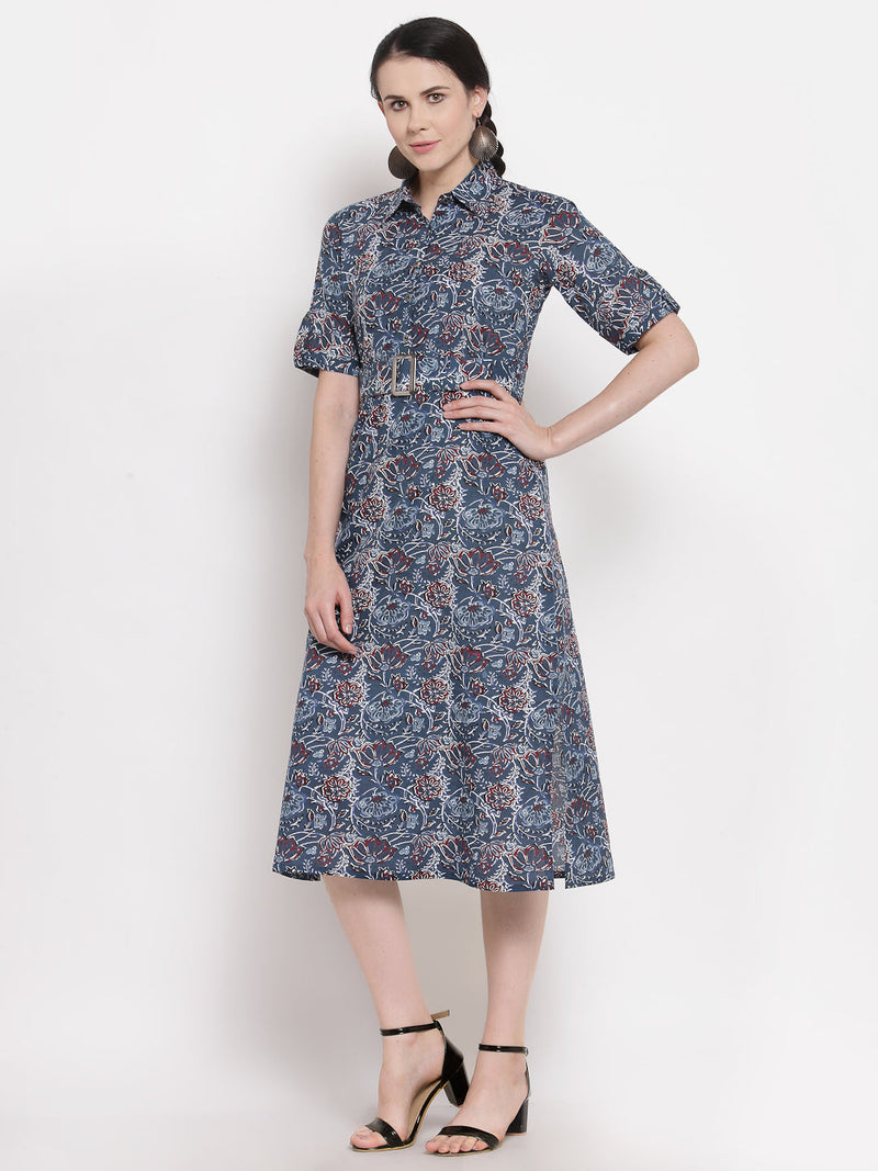 Indibelle Cotton Floral Print Shirt A-Line Dress (Blue)