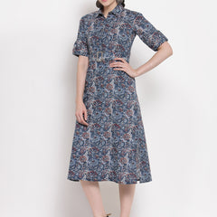 Indibelle Cotton Floral Print Shirt A-Line Dress (Blue)