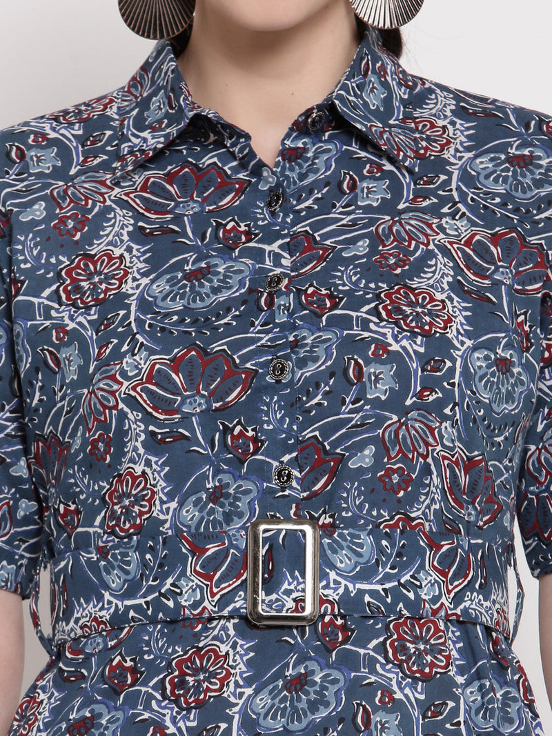 Indibelle Cotton Floral Print Shirt A-Line Dress (Blue)