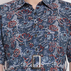 Indibelle Cotton Floral Print Shirt A-Line Dress (Blue)