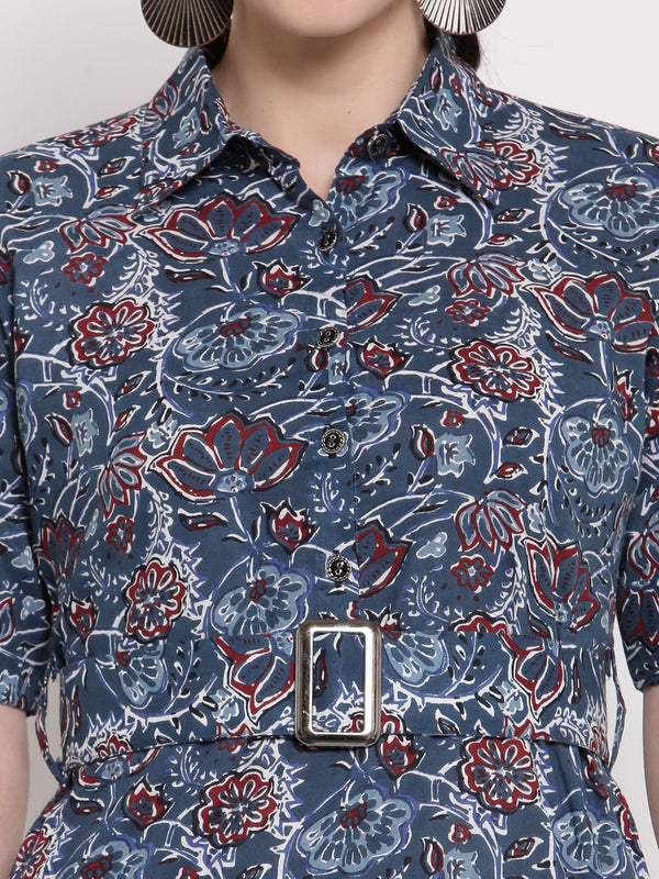 Indibelle Cotton Floral Print Shirt A-Line Dress (Blue)